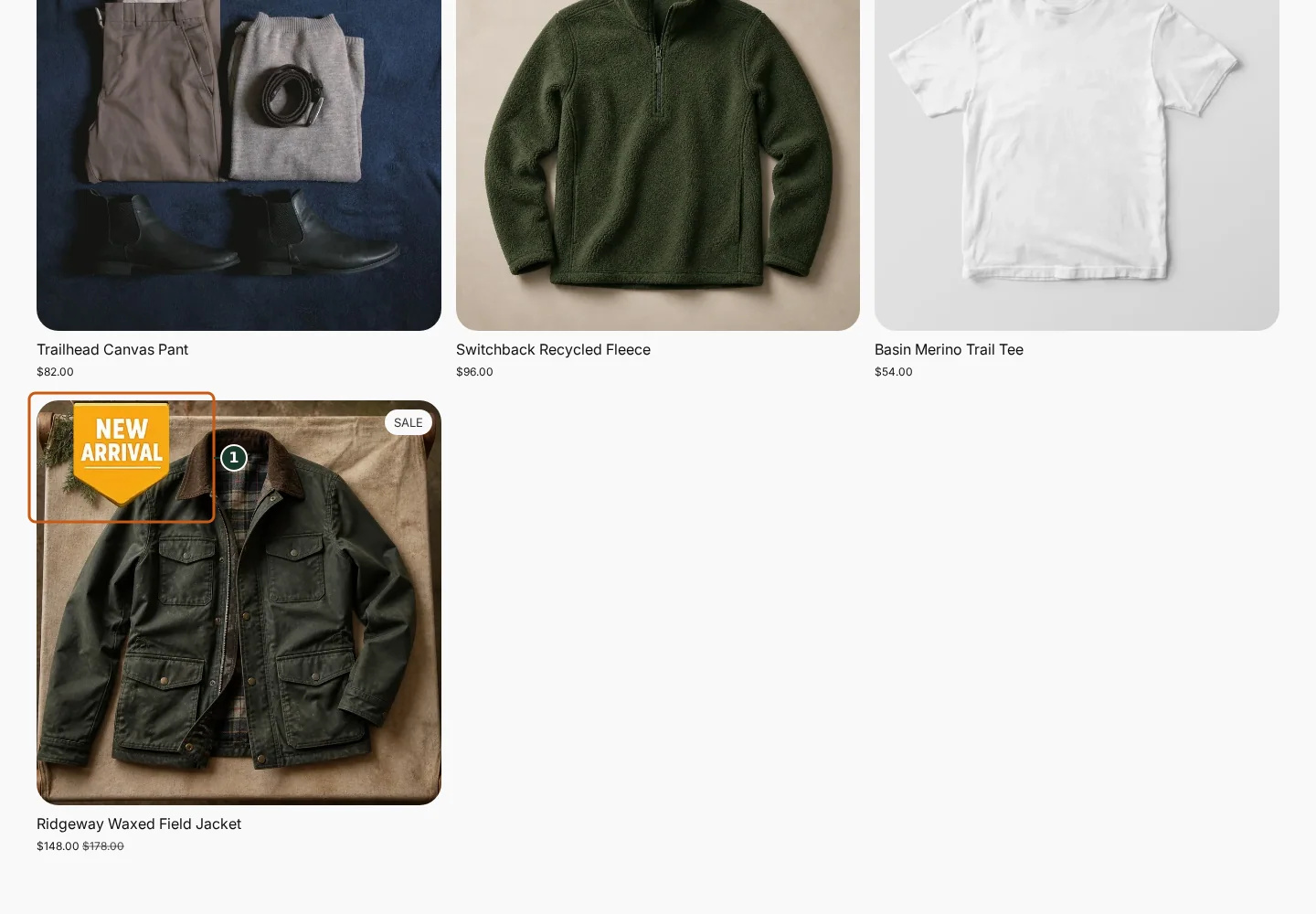 Uploaded Juniper & Trail graphic on Ridgeway product media in the Juniper & Trail storefront, marked with one focused verification callout.