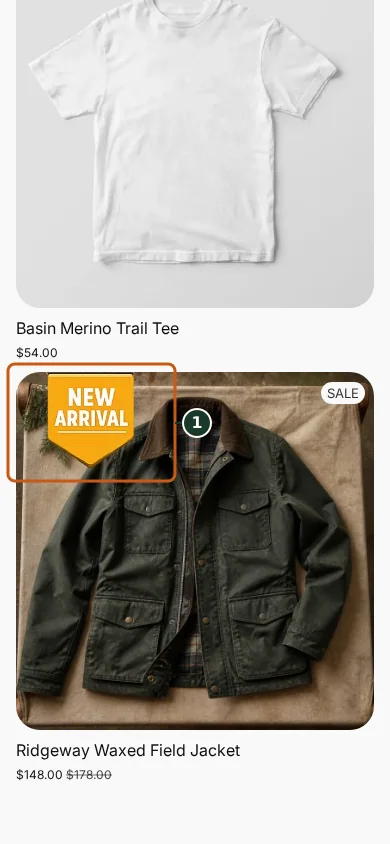 Uploaded Juniper & Trail graphic on Ridgeway product media in the Juniper & Trail storefront, marked with one focused verification callout.