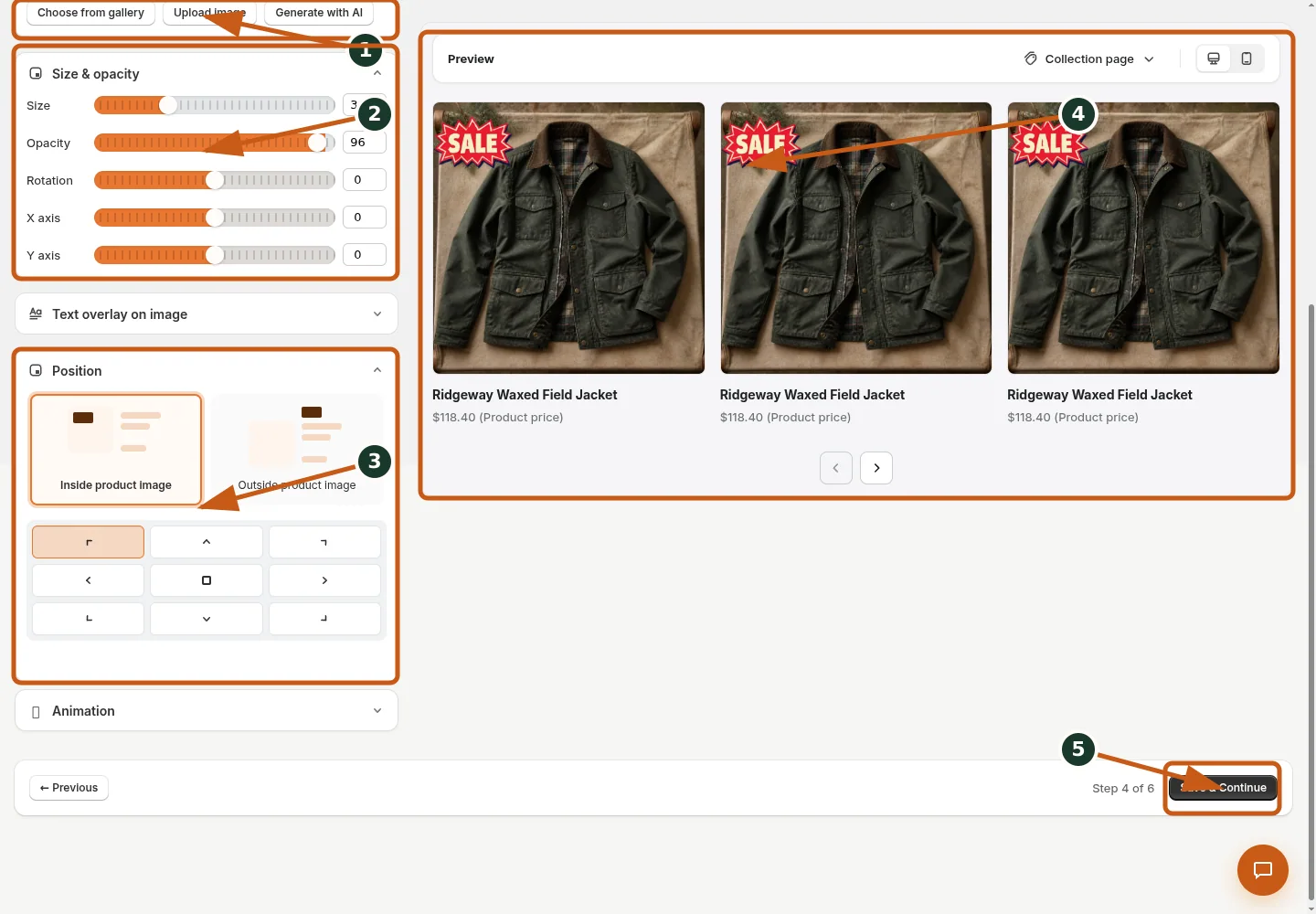 Upload a badge image shown in the Badgy admin, with numbered callouts for the controls and verification points described below.