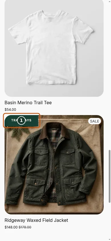A TRAIL DAYS badge remains legible at the top-left of an eligible product image on mobile.
