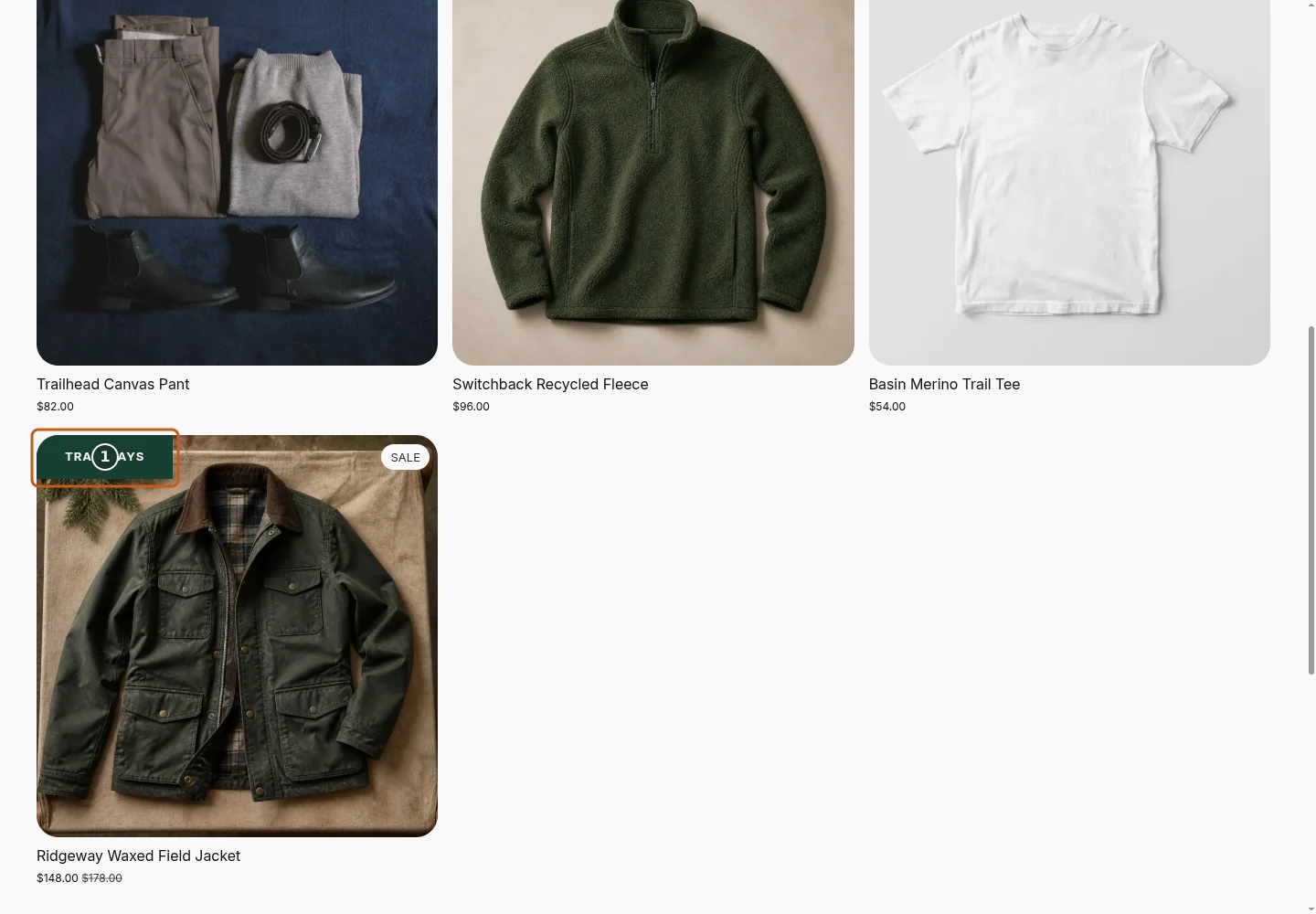 The TRAIL DAYS badge is positioned inside the top-left corner of an eligible product image on desktop.