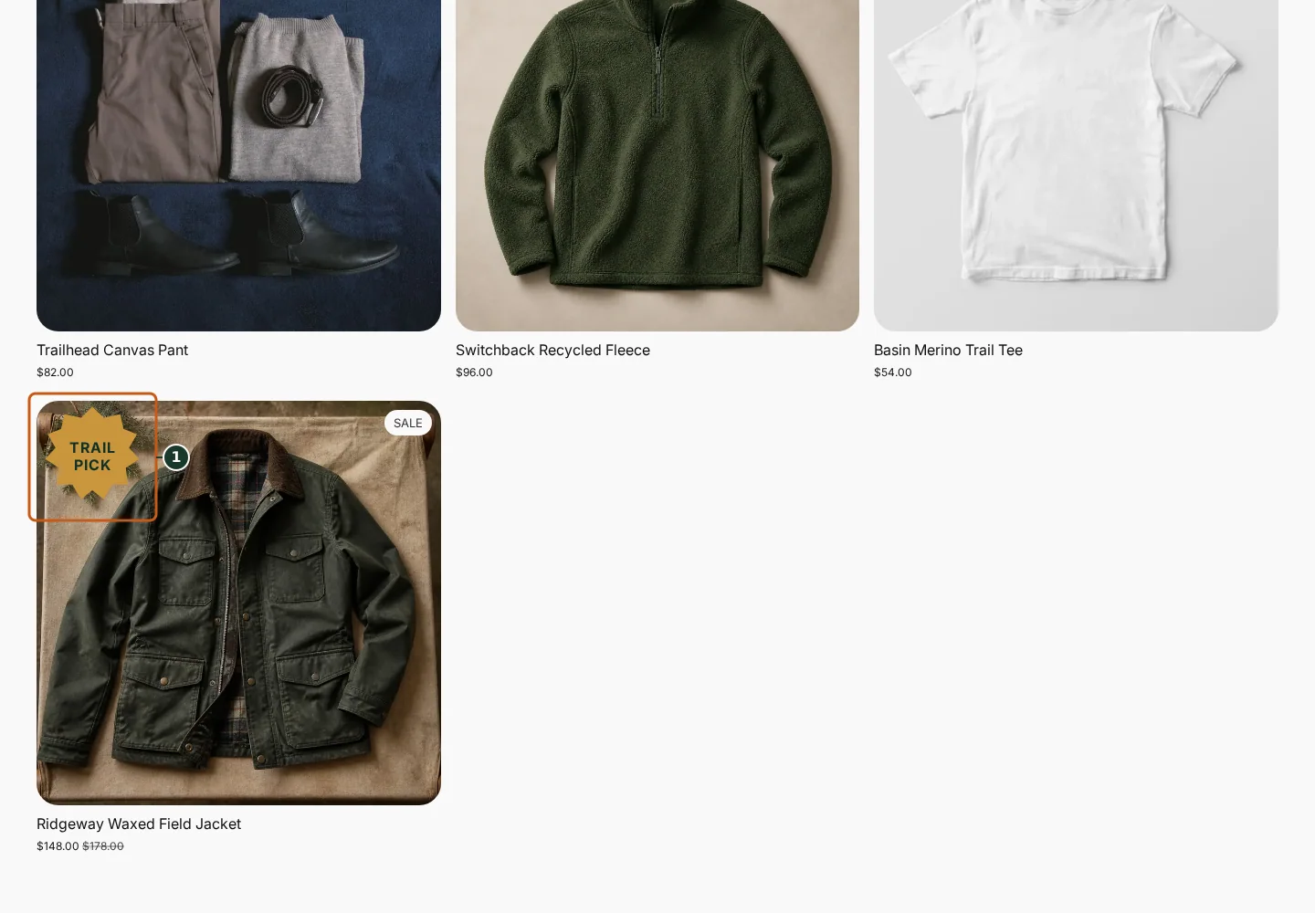 Visible gold starburst badge shape in the Juniper & Trail storefront, marked with one focused verification callout.