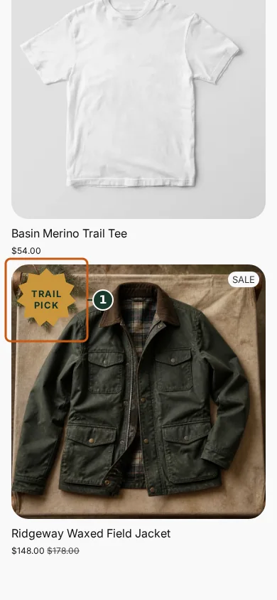 Visible gold starburst badge shape in the Juniper & Trail storefront, marked with one focused verification callout.
