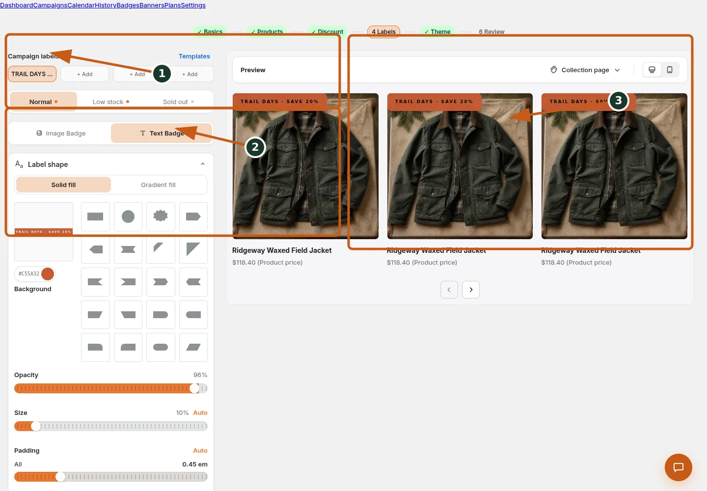 Choose from the badge shape gallery shown in the Badgy admin, with numbered callouts for the controls and verification points described below.