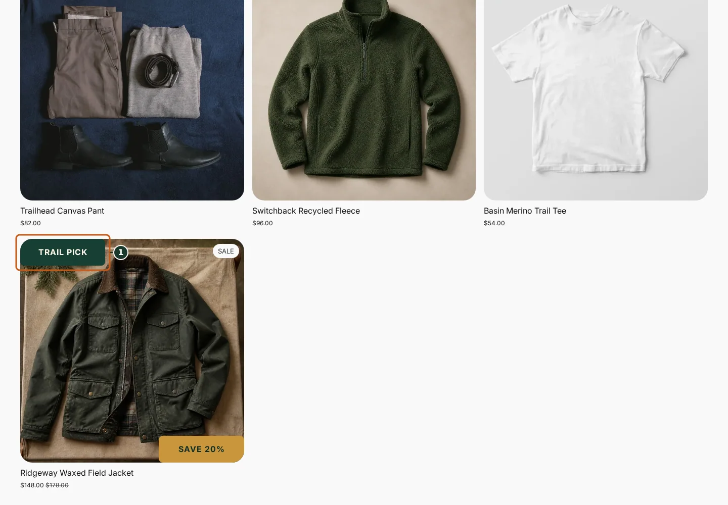 Two simultaneous prioritized badges in distinct corners in the Juniper & Trail storefront, marked with one focused verification callout.