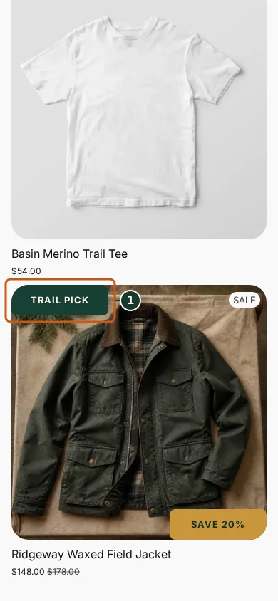 Two simultaneous prioritized badges in distinct corners in the Juniper & Trail storefront, marked with one focused verification callout.