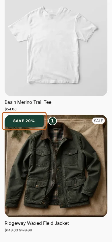 Resolved SAVE 20% badge copy rather than raw variable tokens in the Juniper & Trail storefront, marked with one focused verification callout.