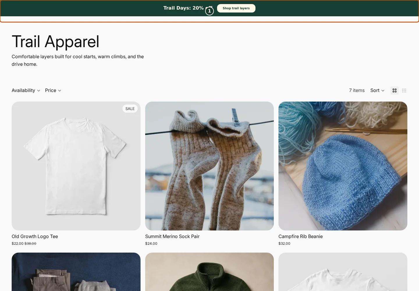 Shop trail layers call-to-action linked from the announcement in the Juniper & Trail storefront, marked with one focused verification callout.