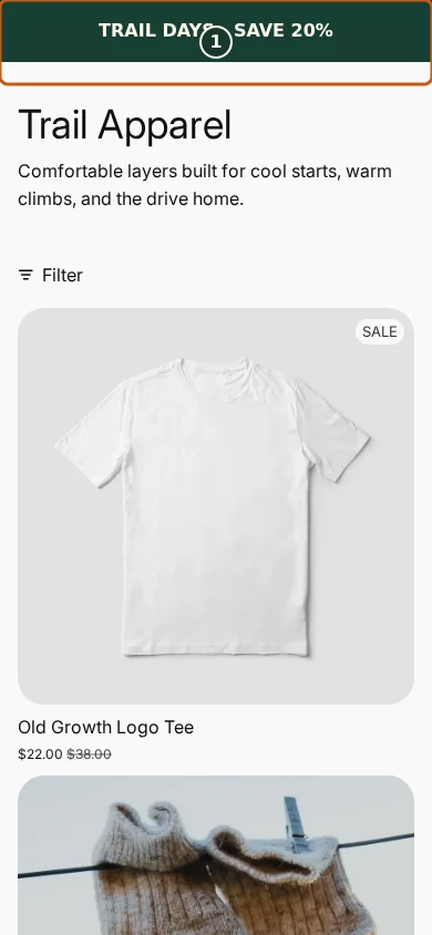 Resolved SAVE 20% campaign copy with no raw token in the Juniper & Trail storefront, marked with one focused verification callout.