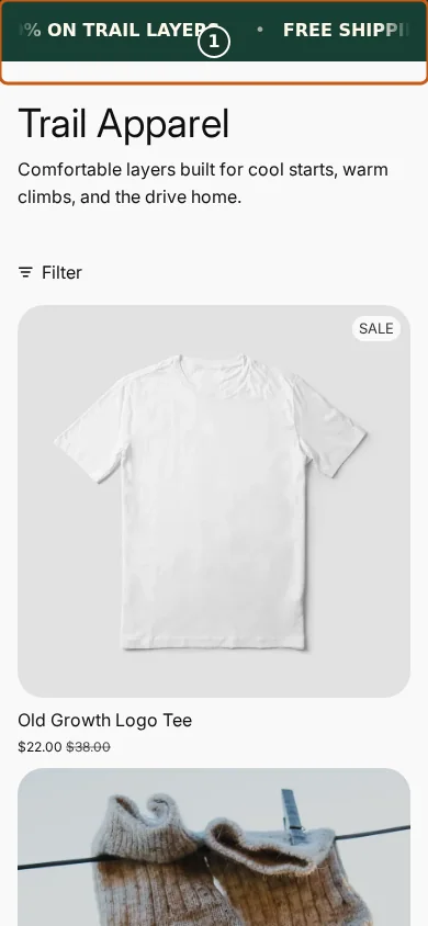 Scrolling strip with shipping, discount, and returns messages in the Juniper & Trail storefront, marked with one focused verification callout.