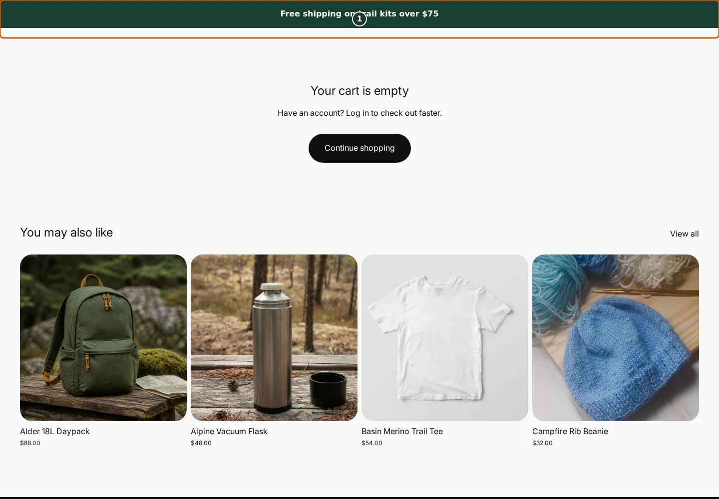 Free shipping threshold message on the cart in the Juniper & Trail storefront, marked with one focused verification callout.
