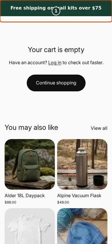Free shipping threshold message on the cart in the Juniper & Trail storefront, marked with one focused verification callout.