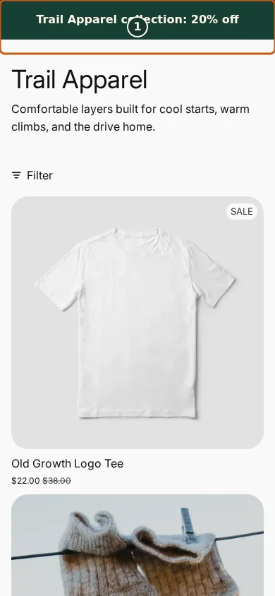 Collection-targeted message on its eligible collection in the Juniper & Trail storefront, marked with one focused verification callout.
