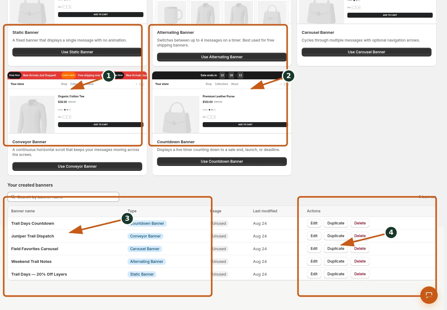 Save and reuse banner templates shown in the Badgy admin, with numbered callouts for the controls and verification points described below.