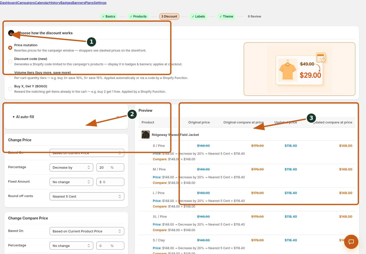 Create a discount-code campaign shown in the Badgy admin, with numbered callouts for the controls and verification points described below.