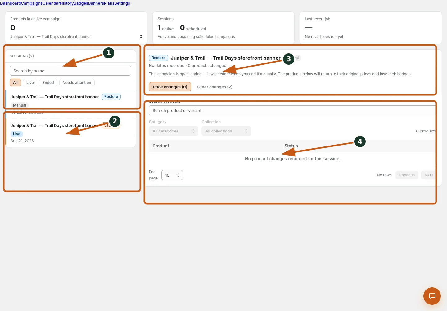 Trace a recurring campaign series shown in the Badgy admin, with numbered callouts for the controls and verification points described below.