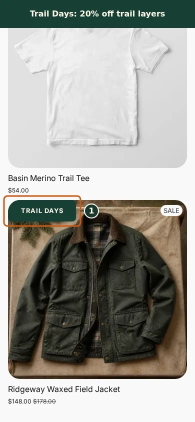 Active campaign banner and badges on eligible products in the Juniper & Trail storefront, marked with one focused verification callout.