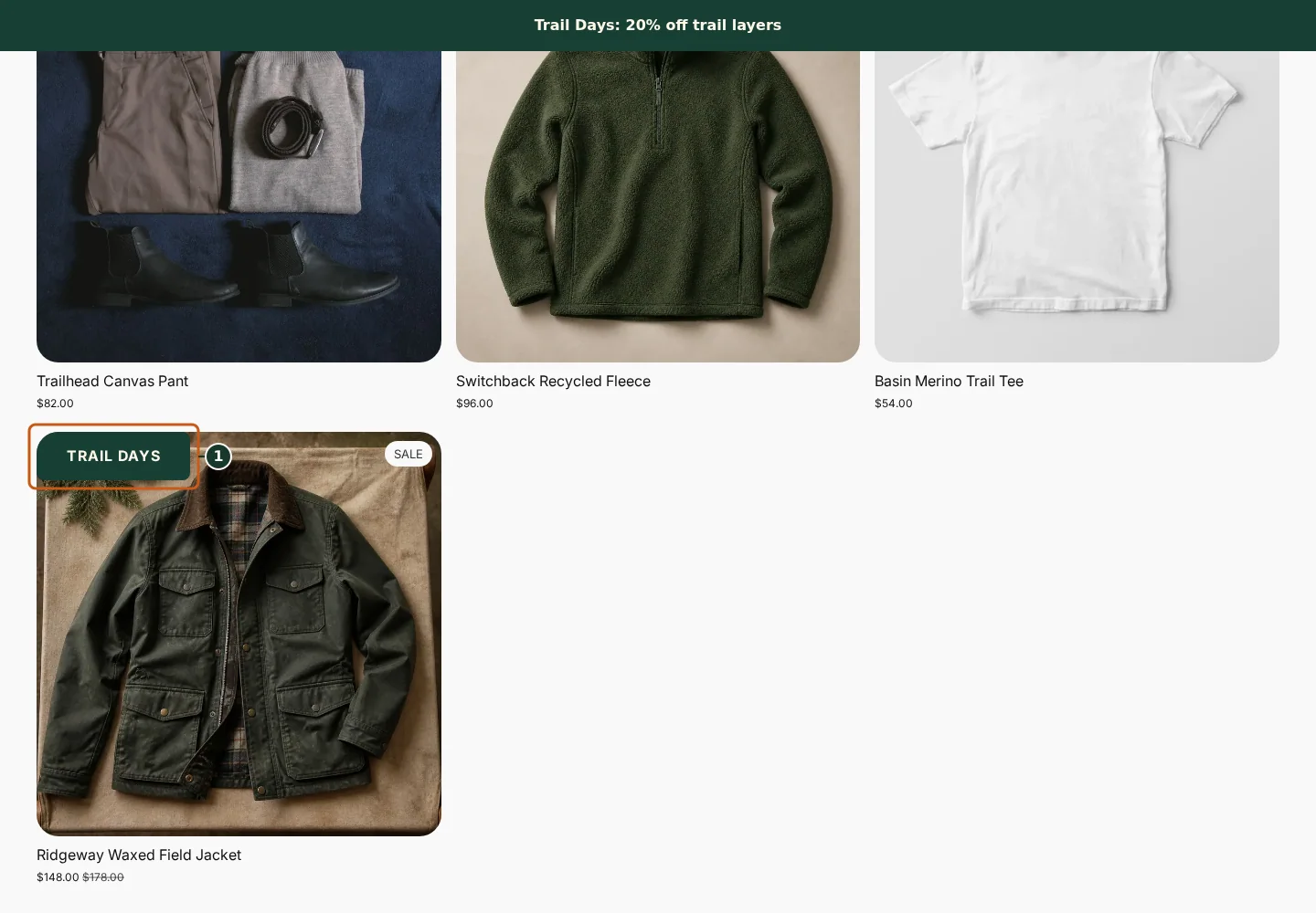 Active campaign banner and badges on eligible products in the Juniper & Trail storefront, marked with one focused verification callout.