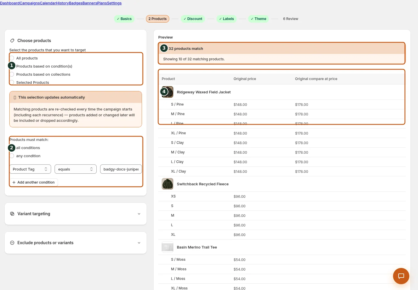 Build dynamic product rules shown in the Badgy admin, with numbered callouts for the controls and verification points described below.