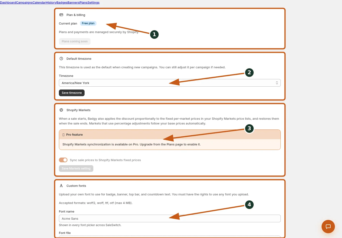 Review Badgy settings shown in the Badgy admin, with numbered callouts for the controls and verification points described below.