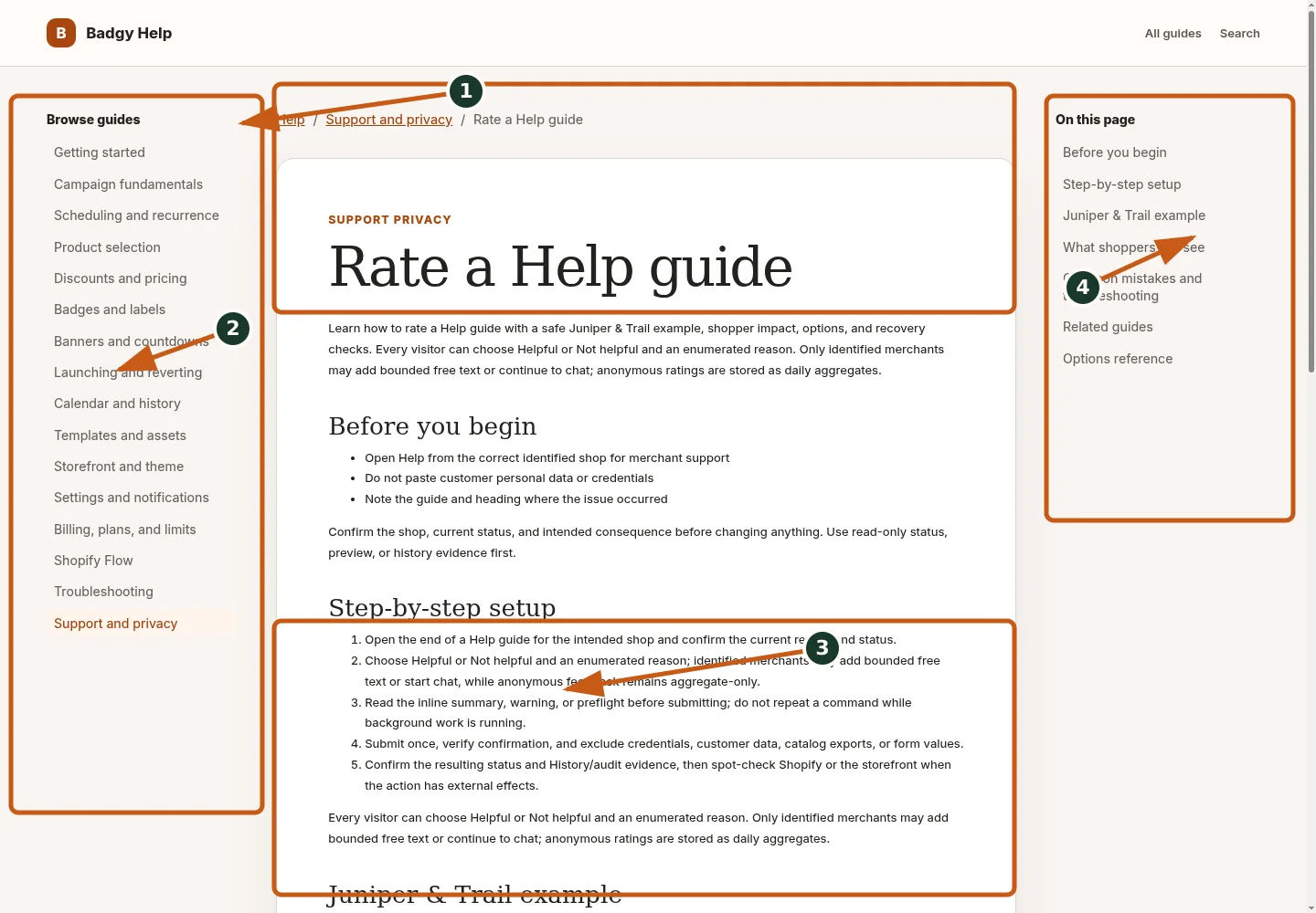 Rate a Help guide shown in the desktop storefront, with numbered callouts for the controls and verification points described below.