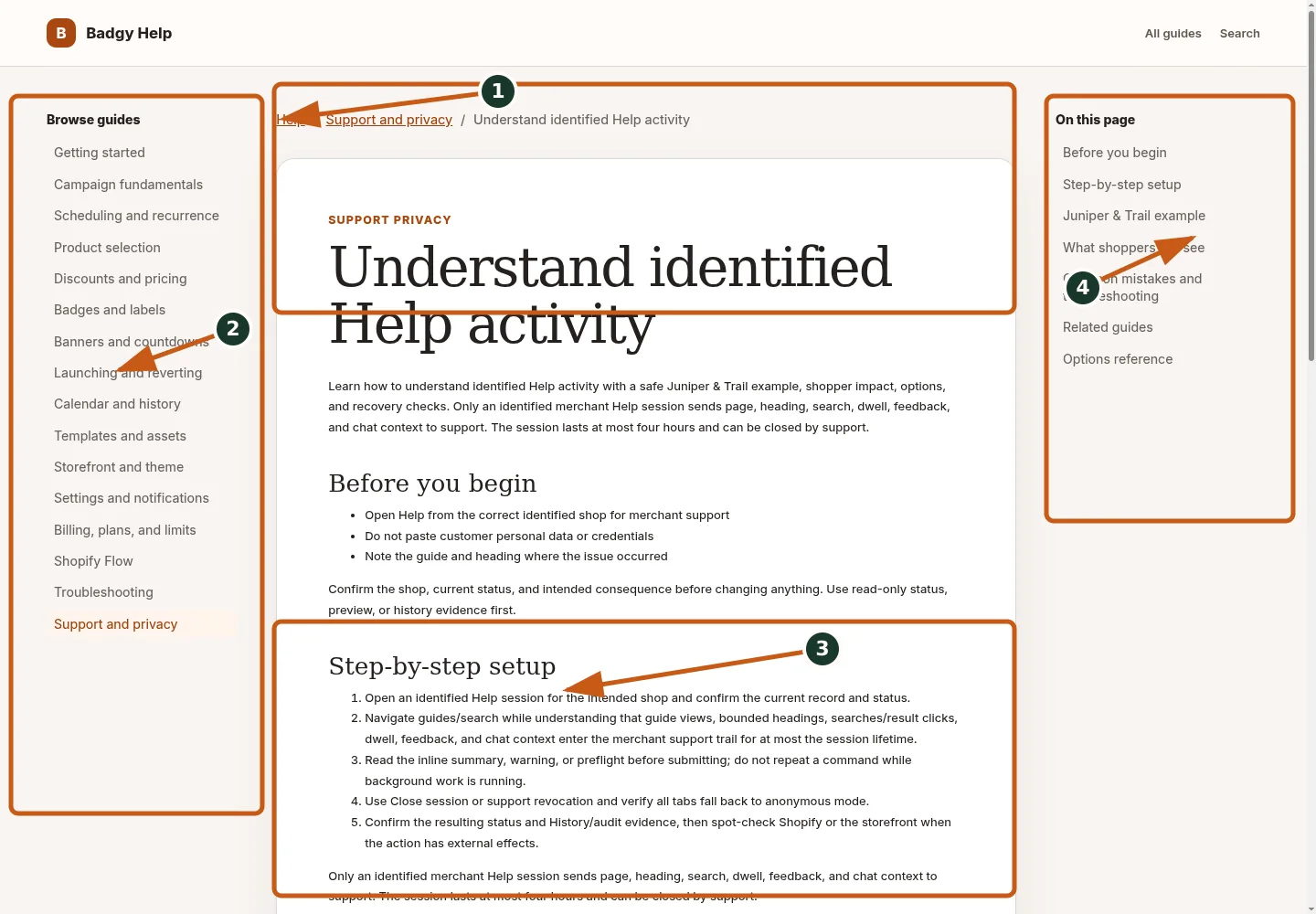 Understand identified Help activity shown in the desktop storefront, with numbered callouts for the controls and verification points described below.